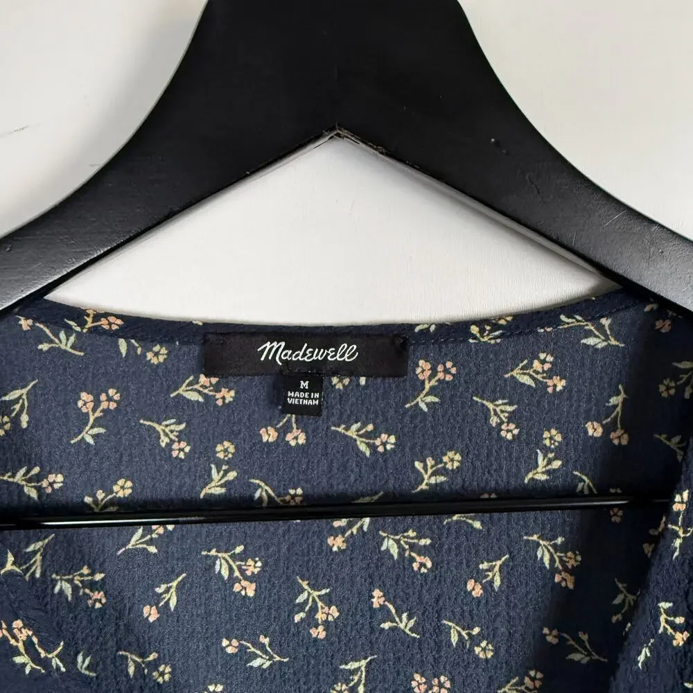 Madewell Floral Puff Sleeve Neck Wrap Blouse Top Blue - M